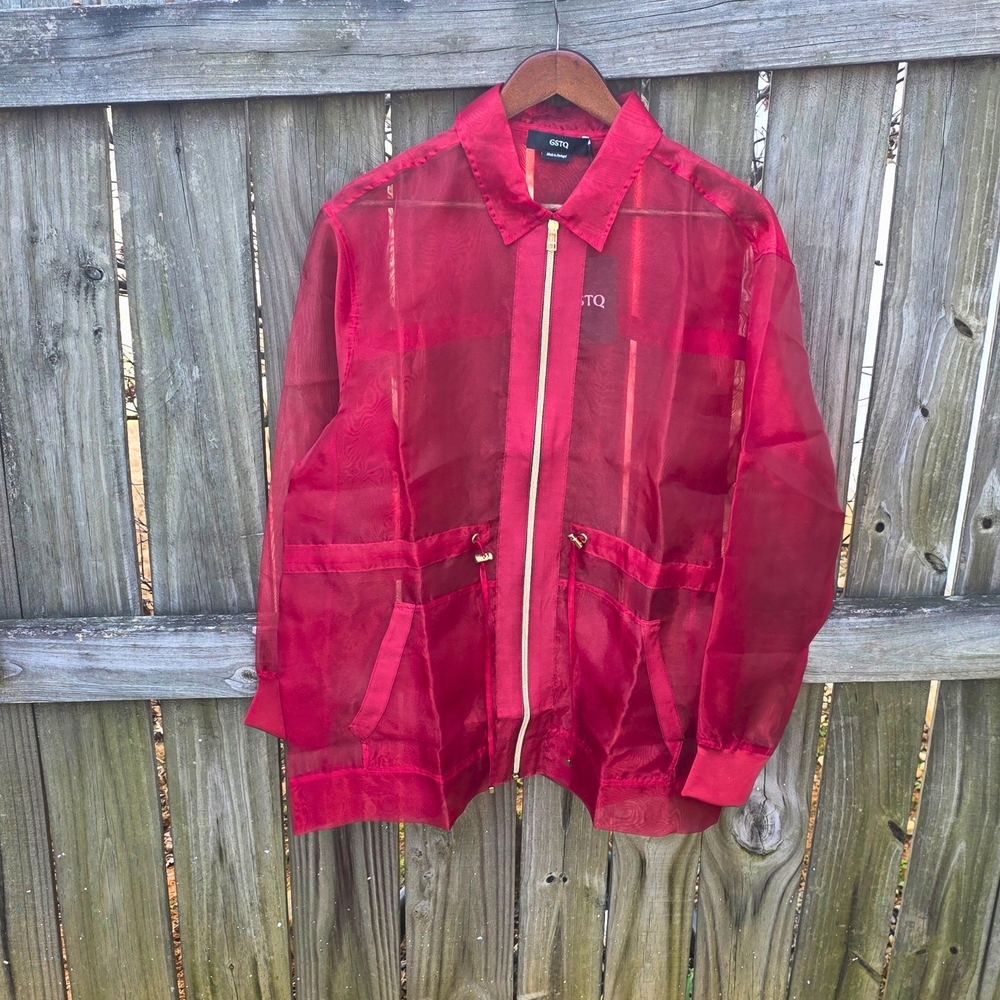 GSTQ Sheer Cinched Zip Jacket Valentine Red Gold Hardware Sz M Made in Portugal - Picture 5 of 9